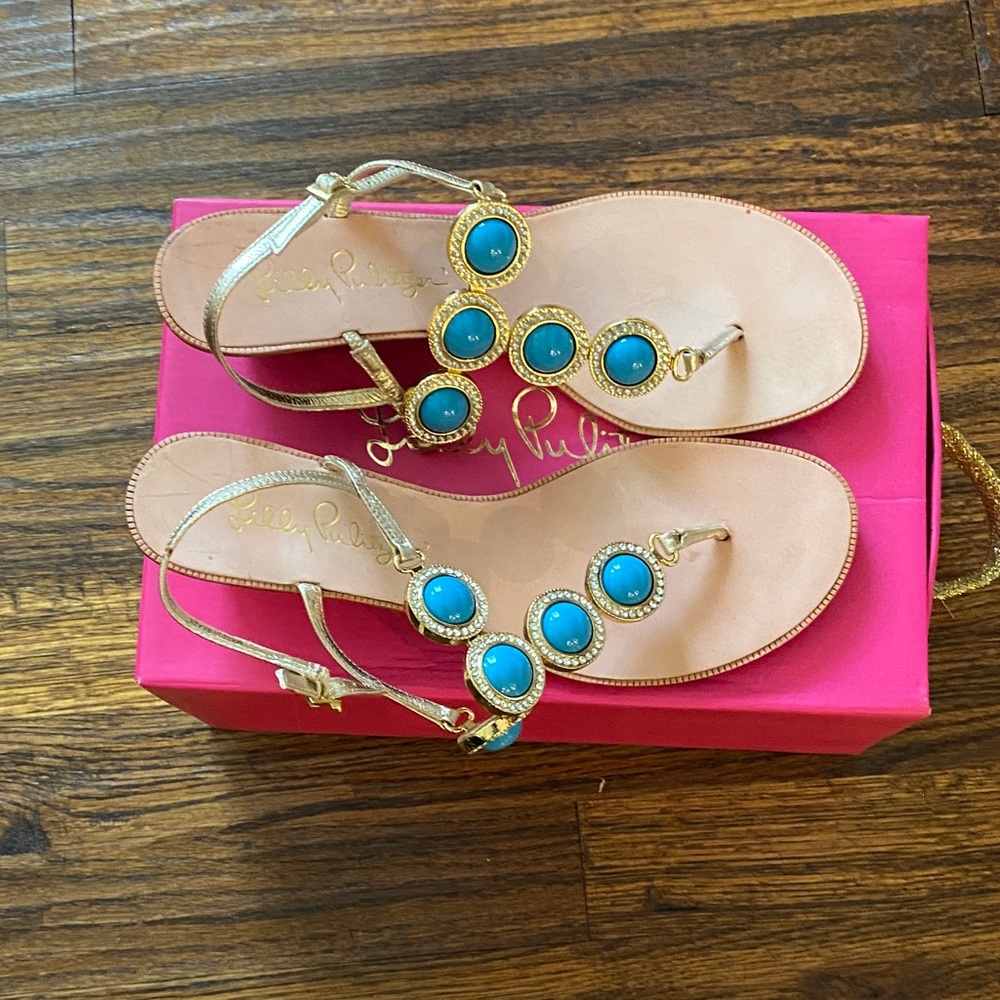 Lilly Pulitzer Vintage Gold and Turquoise Women's Wedge Heel Sandals